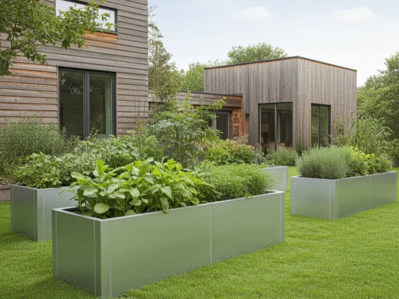 Høybed i galvanisert stål med urter i hage ved moderne villa og terrasse