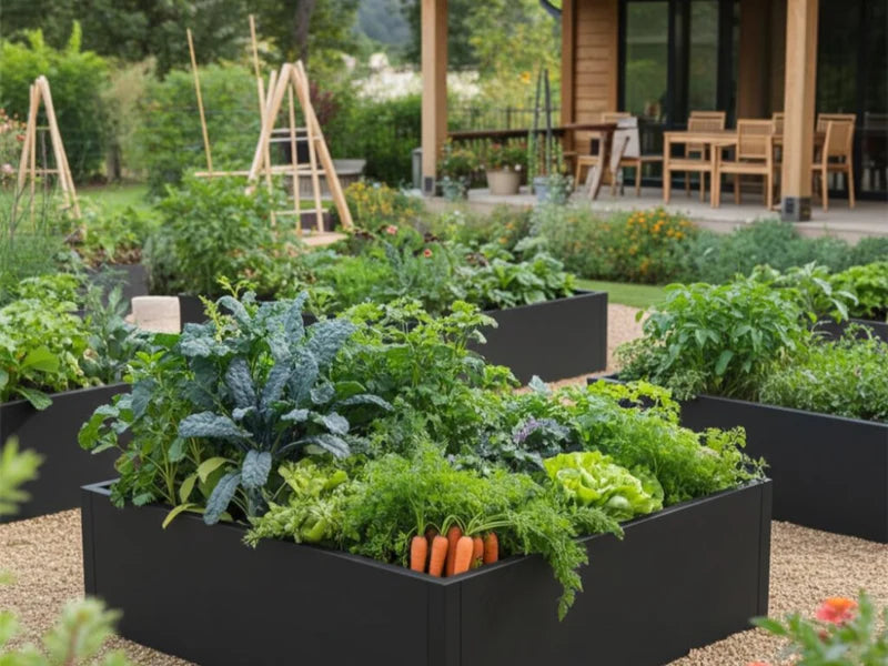 Flere høybed i svart stål med grønnsaker i hage