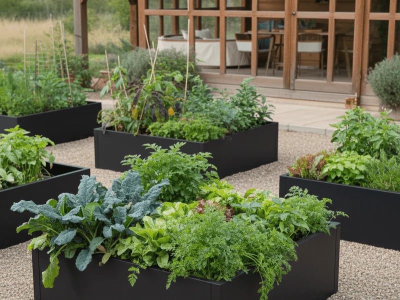 Høybed i svart stål med grønnsaker og urter i kjøkkenhage