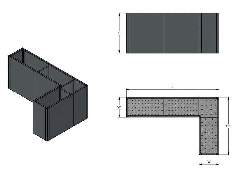 L-formet plantekasse i galvanisert stål med moduloppbygget konstruksjon på spesialmål