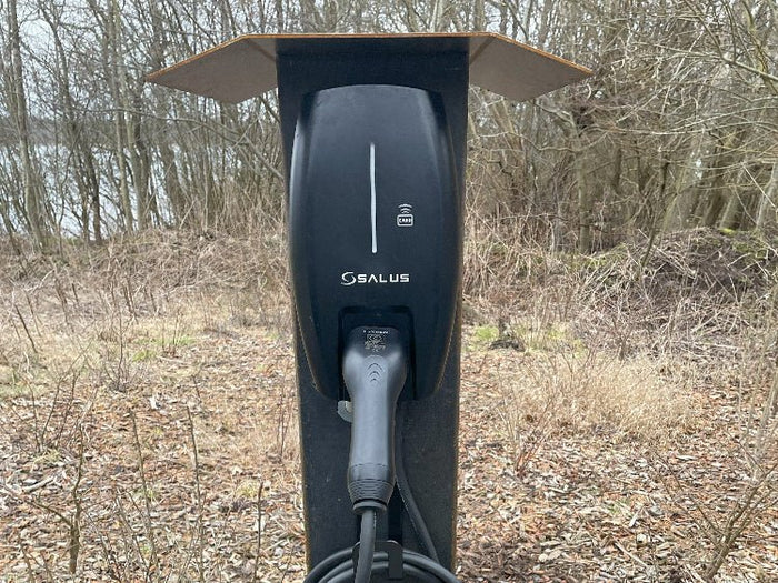 Frontvisning av ladestolpe i cortenstål plassert i naturmiljø