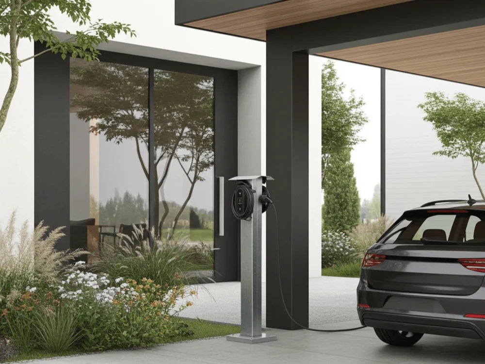 Frittstående ladestolpe i galvanisert stål ved moderne bolig med carport