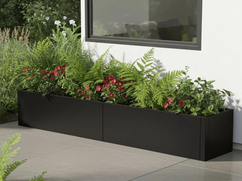 Lang plantekasse i svart stål med bregner og røde blomster