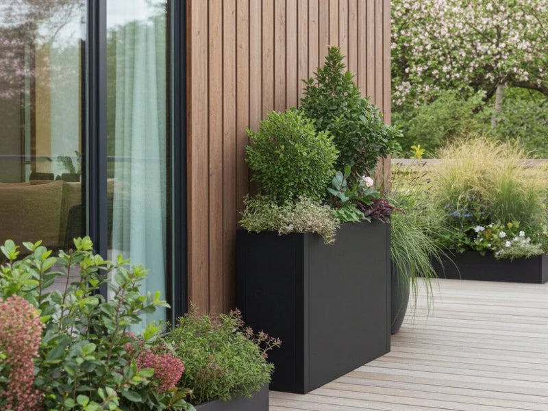 Moderne plantekasse i svart stål med variert beplantning