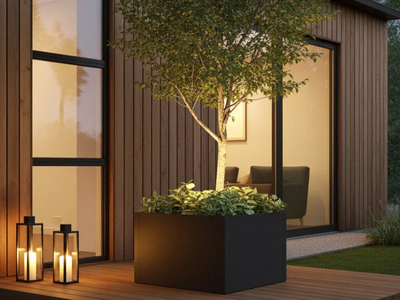 Stor plantekasse i svart stål med lite tre på treterrasse