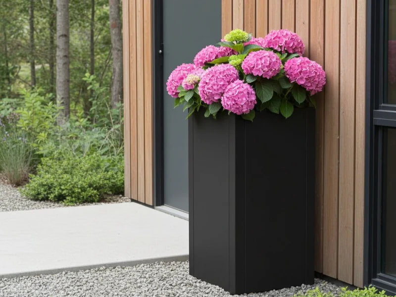 Høy plantekrukke i svart stål med hortensia