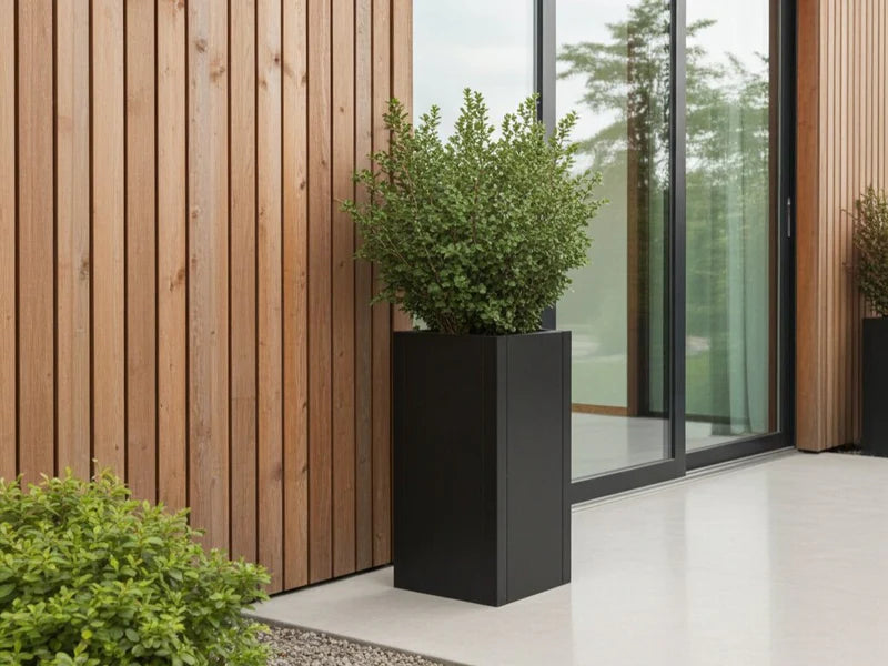 Plantekrukke i svart stål med grønn busk ved terrasse