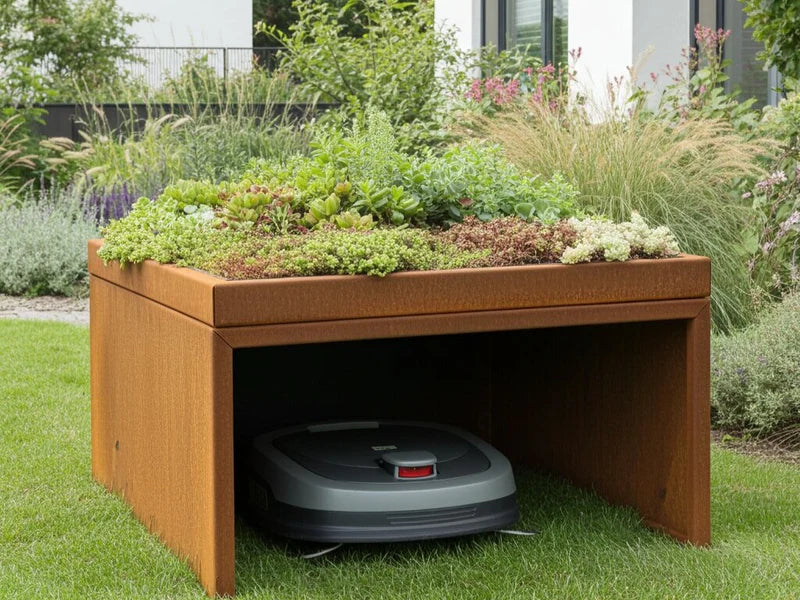 Robotgressklipper garasje i cortenstål med sedumtak i hage