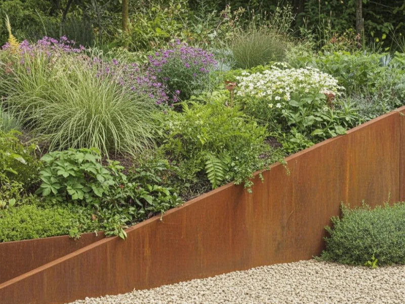 Skrånende støttemur i cortenstål i blomsterbed