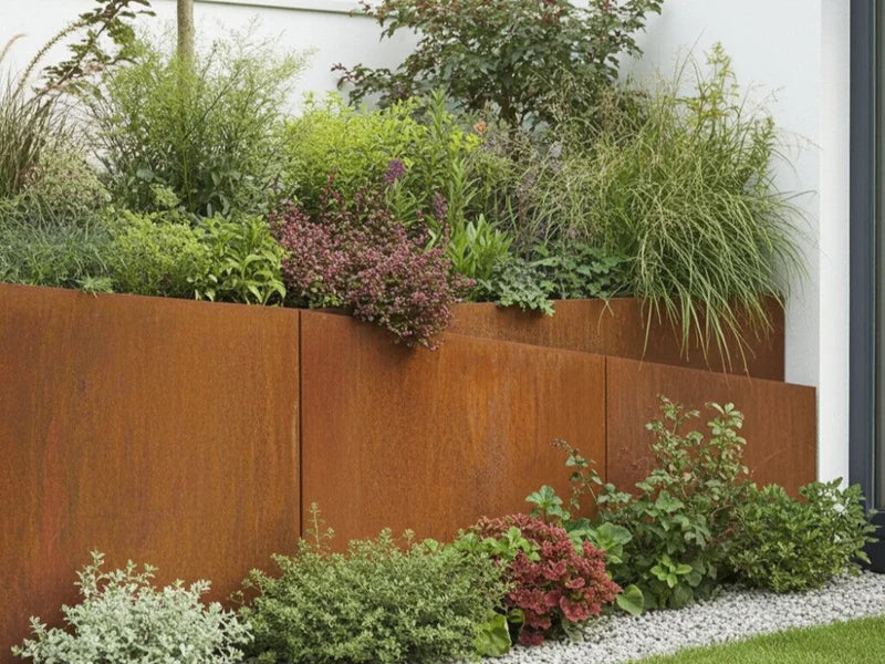 Skrånende støttemur i cortenstål med stauder i plantebed