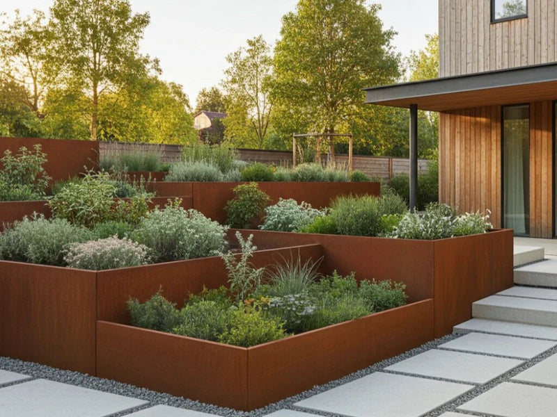 Støttemur i cortenstål rundt terrasserte plantebed