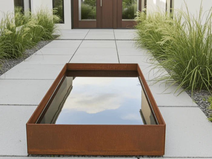 Rektangulaert vannkar i cortenstal ved moderne inngangsparti