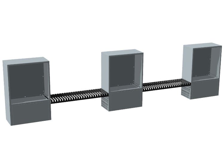 3D-visualisering av modulbasert vedoppbevaring i galvanisert stål med tre elementer og sammenkoblet sittebenk