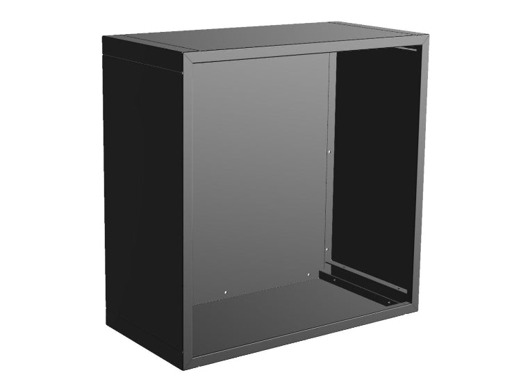 3D-visualisering av vedmodul i sortlakkert stål med åpen front