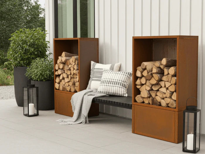 Stilren vedoppbevaring i cortenstål med sittebenk i moderne hagemiljø