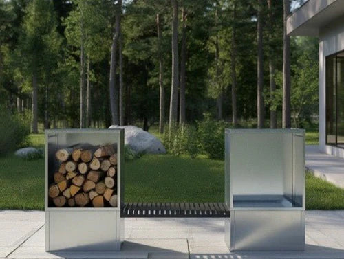 Vedoppbevaring i galvanisert stål med integrert sittebenk i moderne hage
