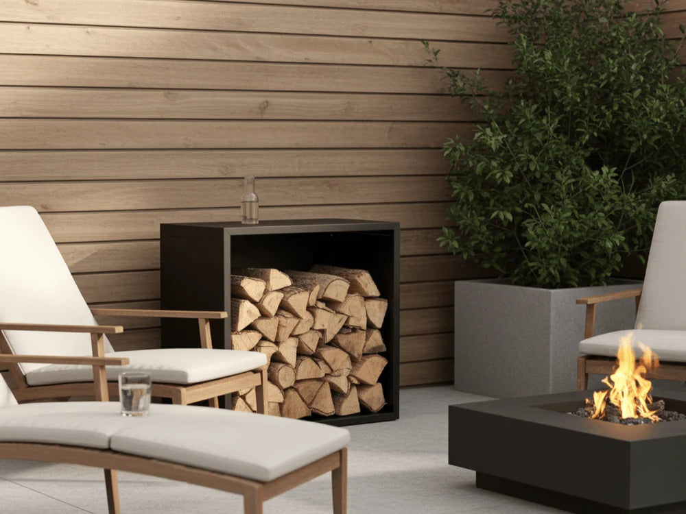 Vedoppbevaring i sortlakkert metall i stilren lounge med ildsted