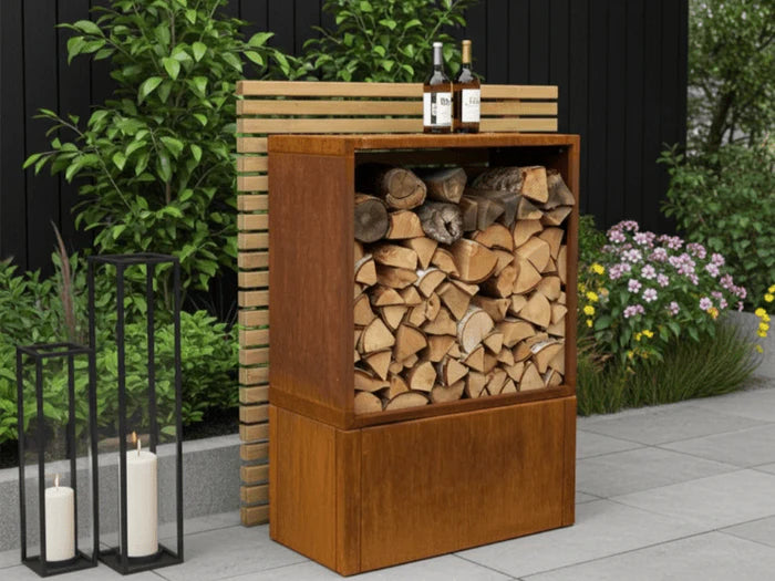 Stilrent vedstativ i cortenstål for utendørs bruk i moderne miljø