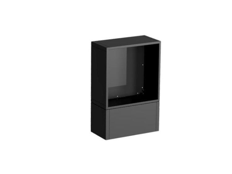 Perspektivvisning av vedstativ i sort pulverlakkert stål for utendørs bruk