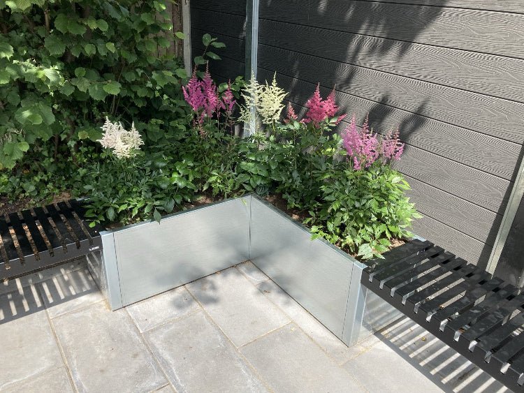 Vinkel plantekasse i galvanisert stål med blomstrende planter i hage
