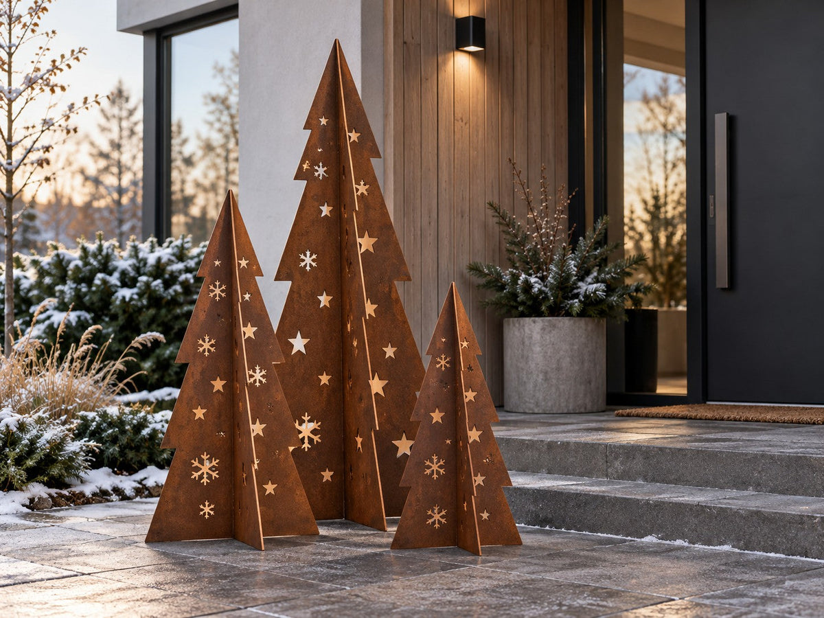Juletre i cortenstål – med stjerner og snøfnugg (80 / 120 / 180 cm)