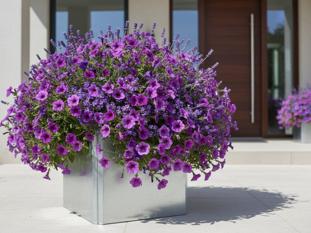 EDGY plantekasse i galvanisert stål med lilla blomster ved inngang