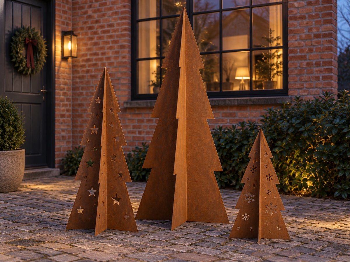 Juletre i cortenstål – med stjerner og snøfnugg (80 / 120 / 180 cm)