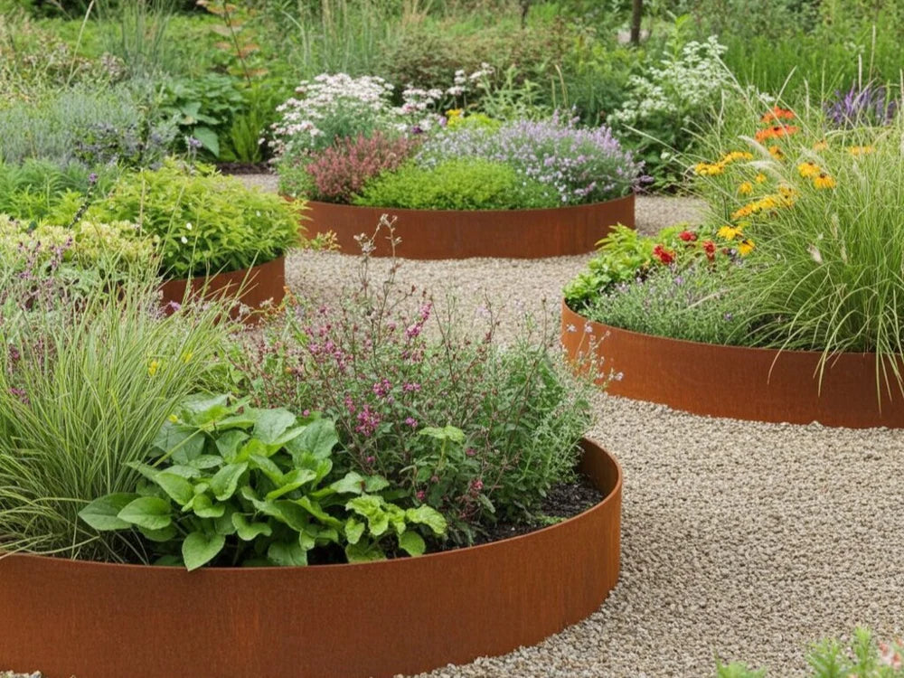 Åpne runde bedringer i cortenstål med stauder og prydgress i grushage
