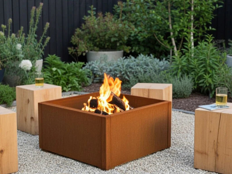 Bålfat i cortenstål som ildsted i hagen