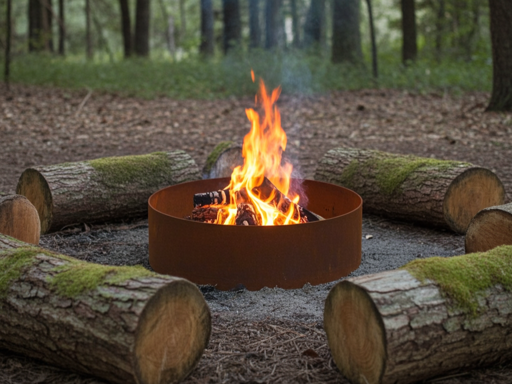 Stemningsbilde av bålplass i cortenstål i skogen