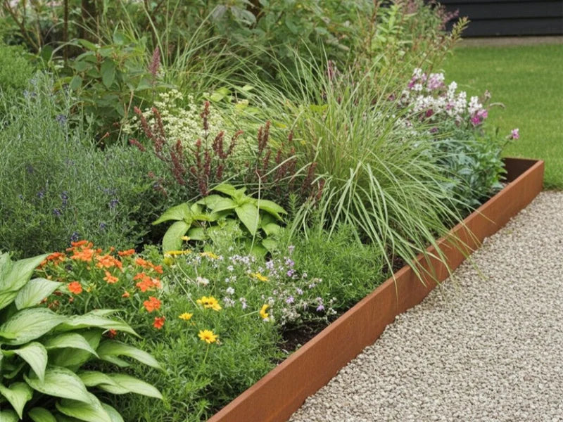 Bedkant i cortenstål med stauder og prydgress i hagebed