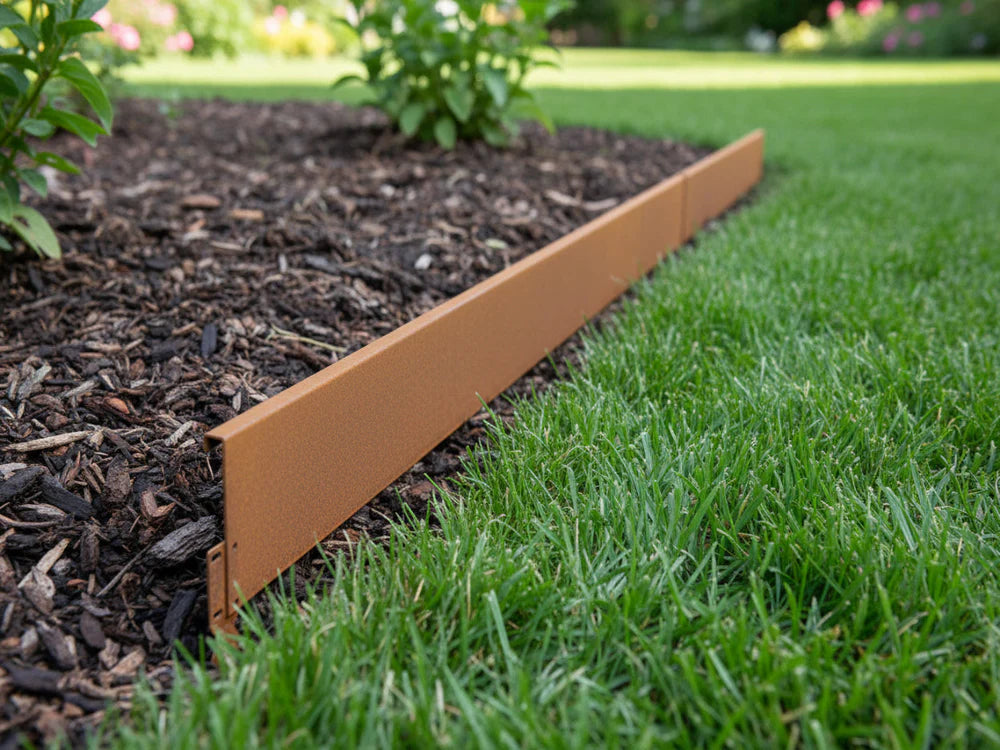 Bedkant i cortenstål med dobbelt ombuk fra byJEMA brukt som kant mellom plen og blomsterbed i hagen