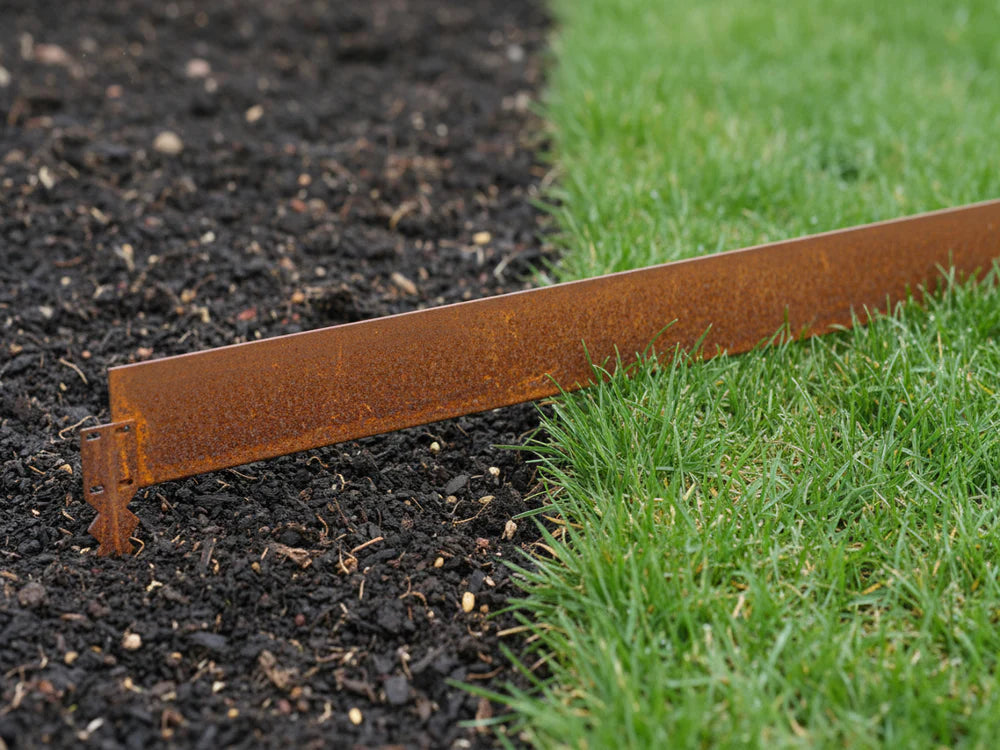 Bedkant i cortenstål med samlespyd fra byJEMA for stabil montering mellom plen og blomsterbed