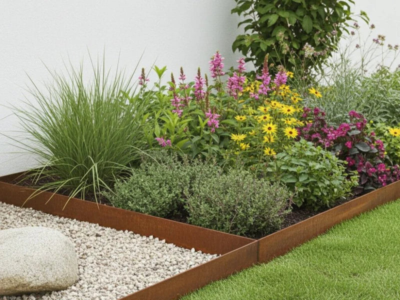 Bedkant i cortenstål med blomster og stauder i hagebed