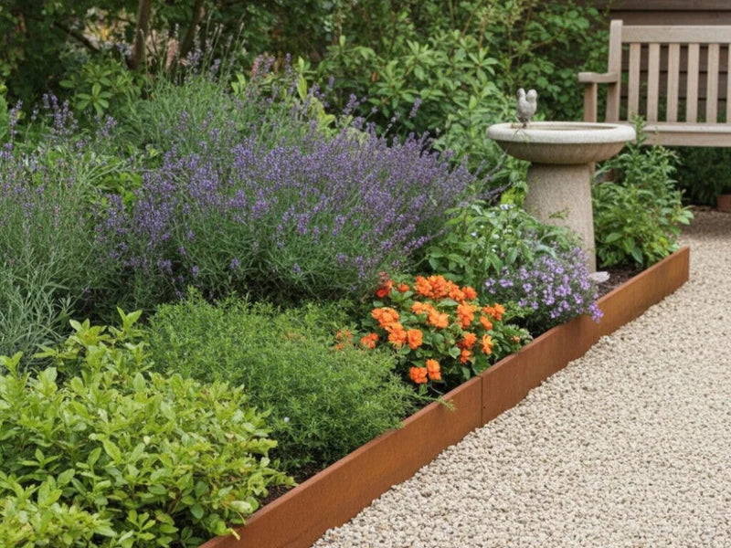 Bedkant i cortenstål rundt staudebed ved grussti og hagebenk