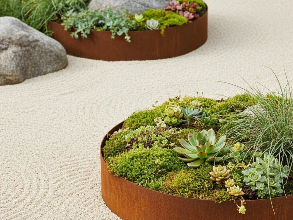 Rund bedring i cortenstål med sukkulenter i dekorativ steinhage