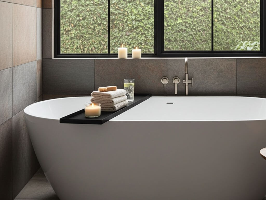 Sortlakkert badekarhylle i stal pa tvers av badekar med bok og lys i spa-inspirert baderom