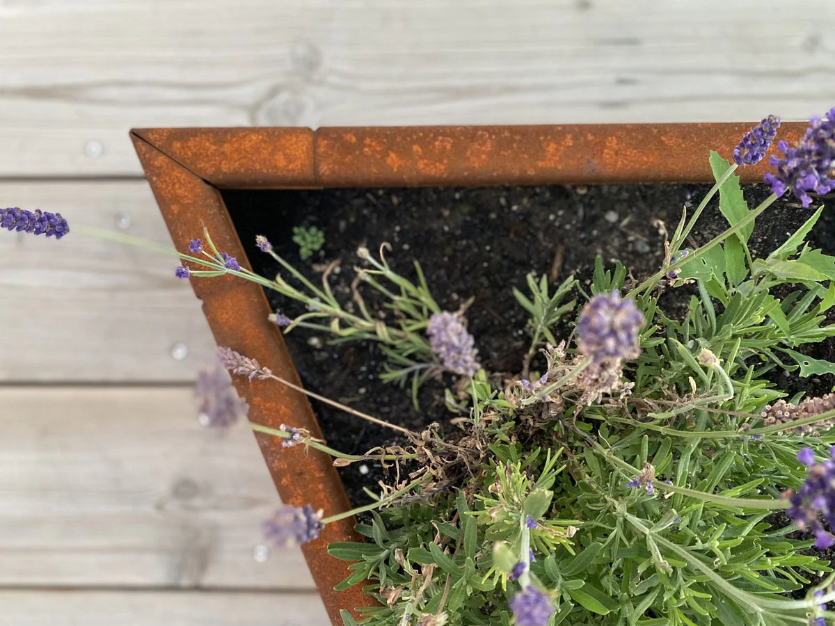 Detalj av hjørne på byJEMA plantekasse i cortenstål med naturlig rustpatina