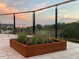 byJEMA plantekasse i cortenstål med lavendel på treterrasse ved solnedgang