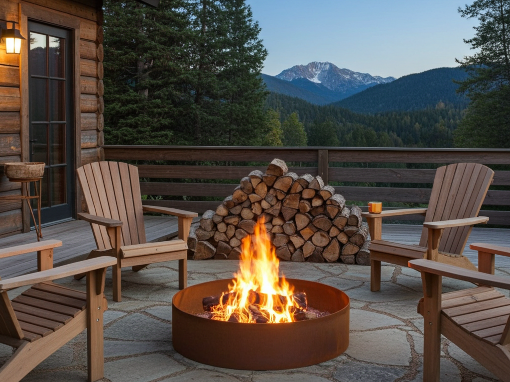 Bålfat i cortenstål på terrasse ved hytte med utsikt mot fjell.