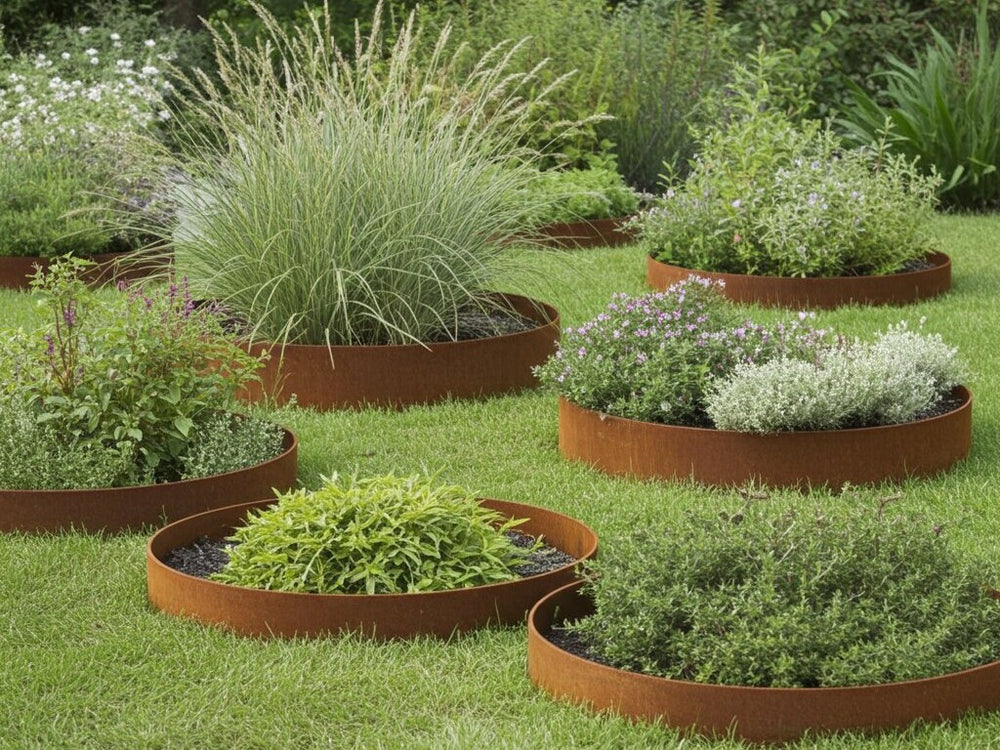 Rund bedkant i cortenstål fra byJEMA på spesialmål med stauder og prydgress