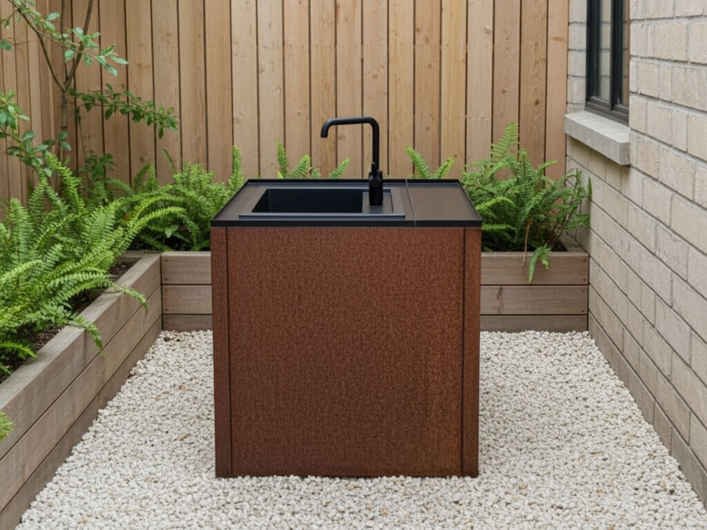 Utendørs kjøkken vaskemodul i cortenstål med sort armatur plassert i moderne hage