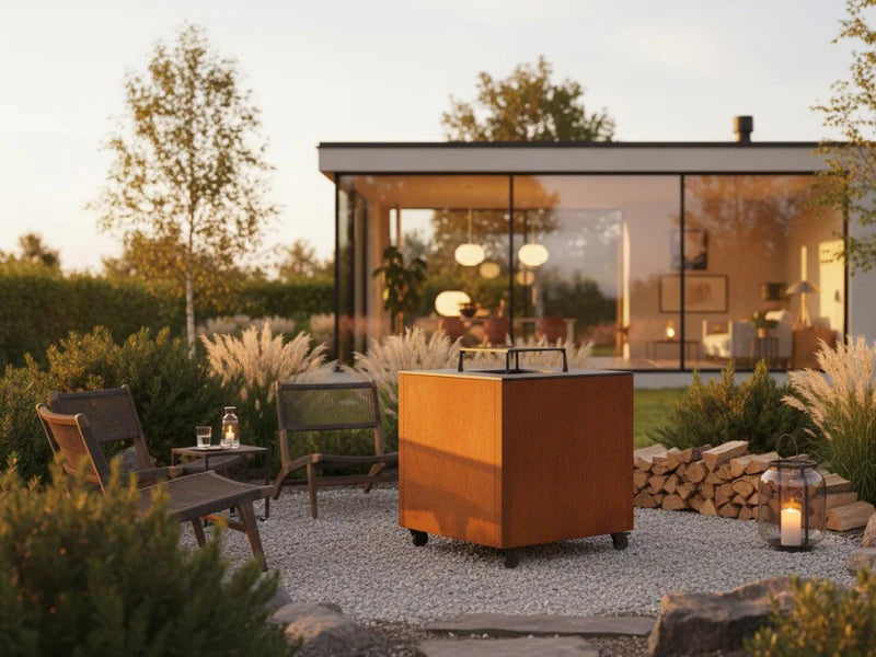 CUBY bålgrill i cortenstål foran moderne hus med kveldslys