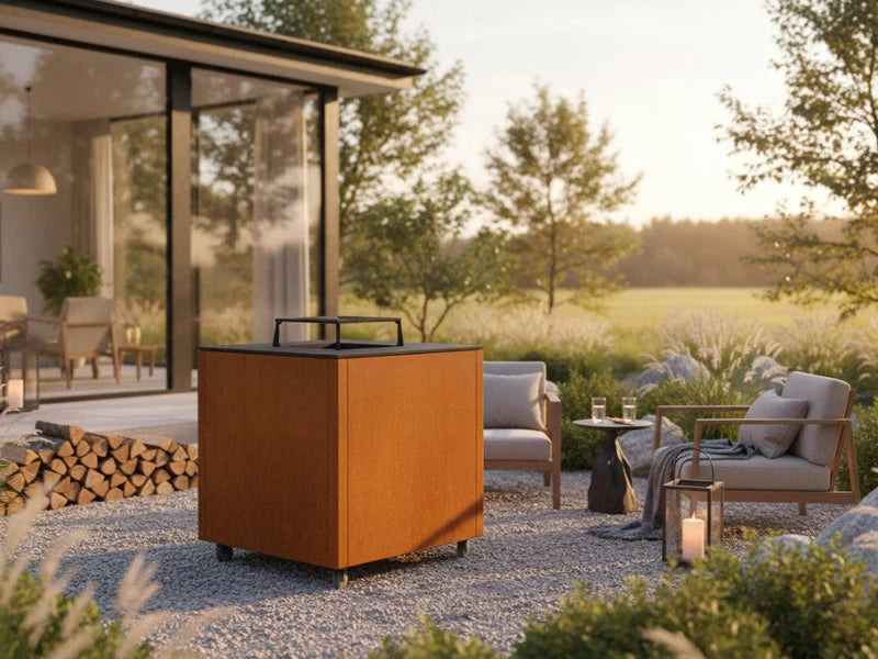 CUBY bålgrill i cortenstål på terrasse ved solnedgang med loungemøbler