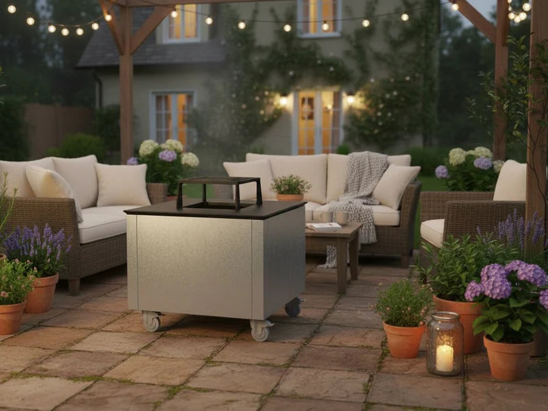 CUBY bålgrill i galvanisert stål i stemningsfull kveldsscene med lys