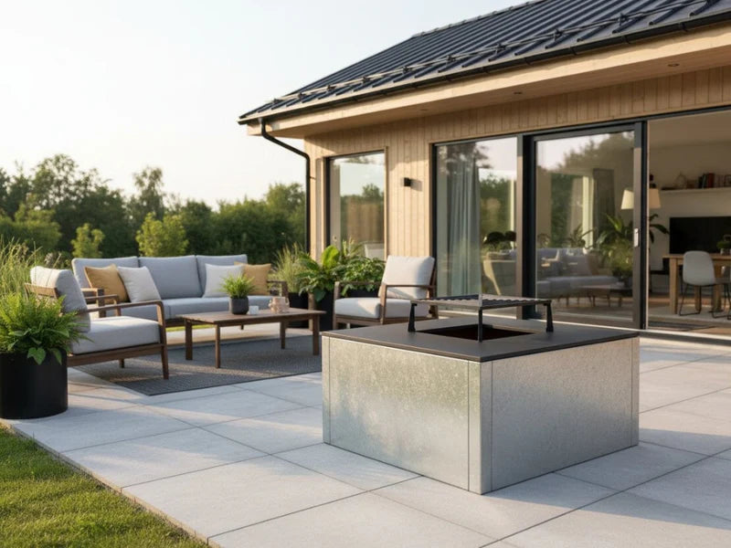 CUBY bålgrill i galvanisert stål på moderne terrasse ved arkitekttegnet hus