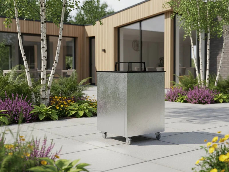 CUBY bålgrill i galvanisert stål på terrasse ved moderne bolig