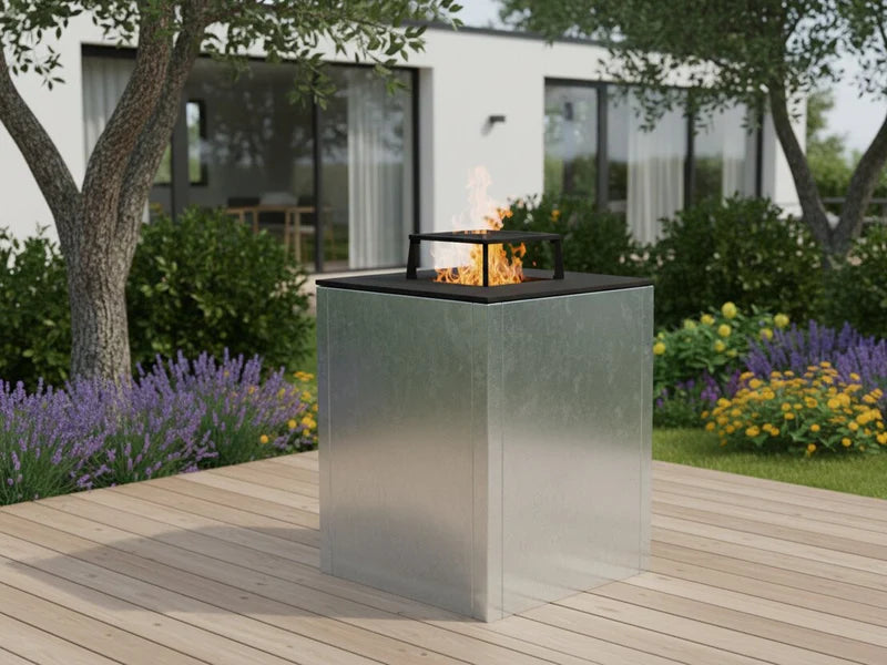 CUBY bålgrill i galvanisert stål med flammer på treterrasse
