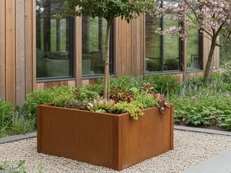 CUBY plantekasse i cortenstål med lite tre og bunndekkende planter