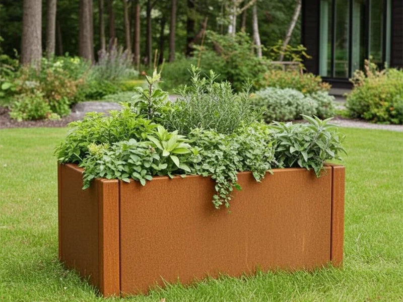 CUBY plantekasse i cortenstål med frodige urter i hage
